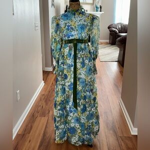 Vintage 50’s floral print high neck Lined chiffon velvet belt maxi dress XS/S